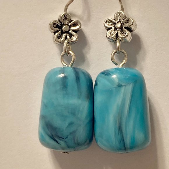 Aqua Turquoise Art Bead Earrings Acrylic Swirl Silver Plated Flowers Boho - Picture 4 of 11